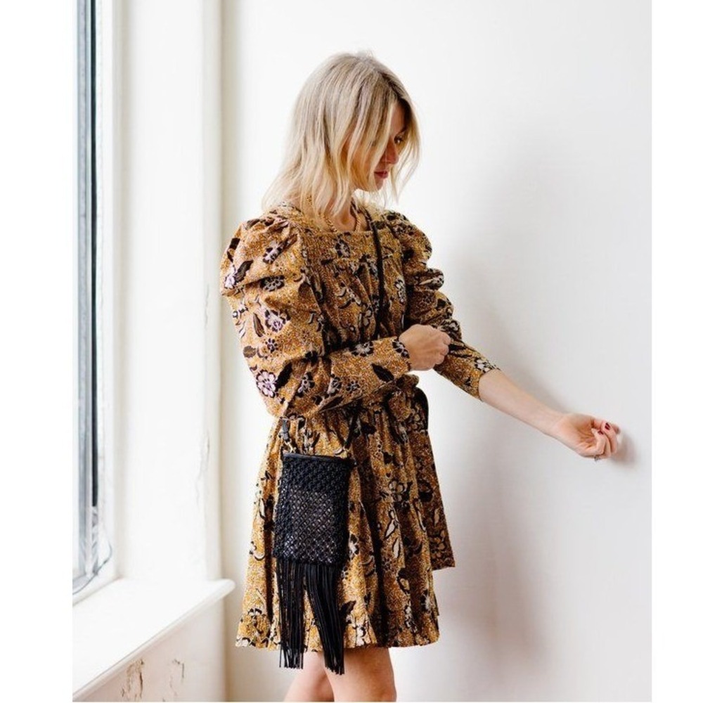 Ulla Johnson Nailah Puff Sleeve Dress Size 10 Golden Yellow Black Floral Boho